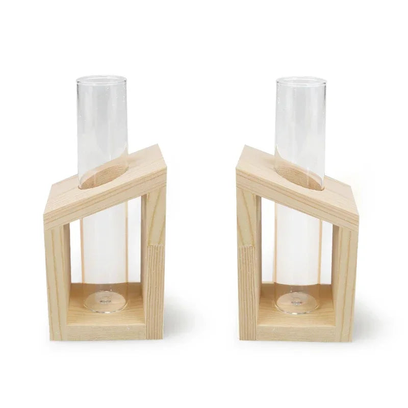 Home Vase Crystal Glass Test Tube Vase in Wooden Stand Flower Pots for Hydroponic Plants Home Garden Decoration