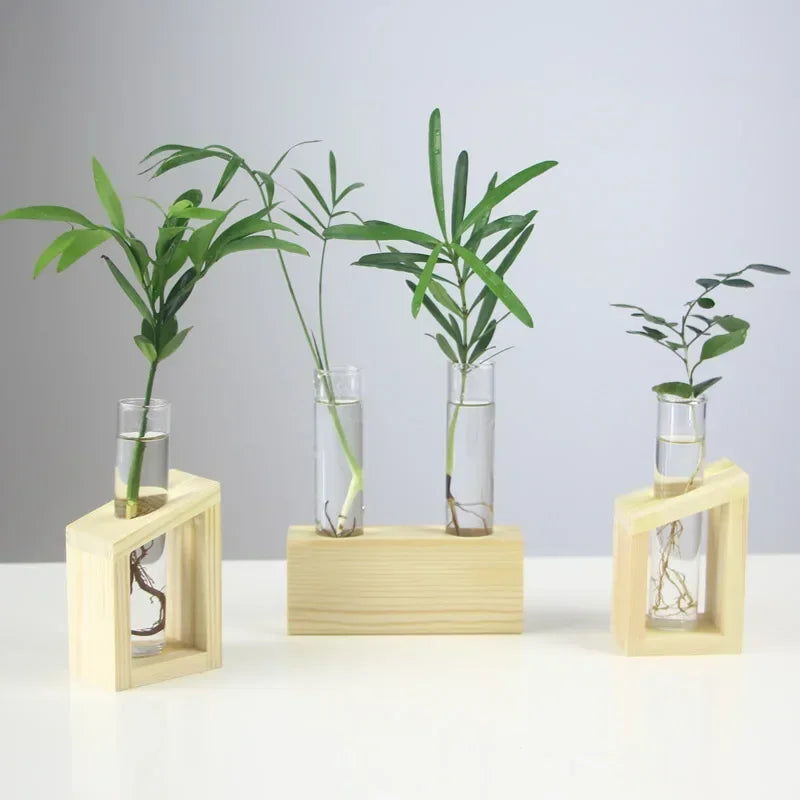 Home Vase Crystal Glass Test Tube Vase in Wooden Stand Flower Pots for Hydroponic Plants Home Garden Decoration
