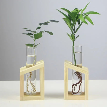 Home Vase Crystal Glass Test Tube Vase in Wooden Stand Flower Pots for Hydroponic Plants Home Garden Decoration